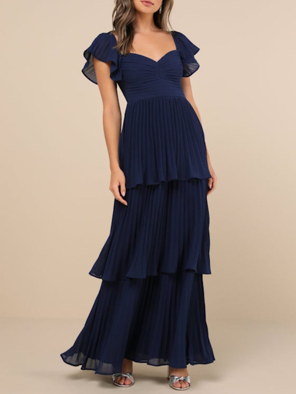 Lulus Notorious Charm Navy Blue Pleated Flutter Sleeve Maxi Dress - Size M